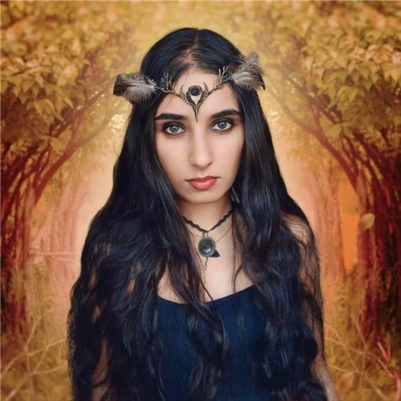 Brown Feather Witch Crown - Handmade Gothic Headpiece Elf Moon Cirlet - Picture 5 of 7